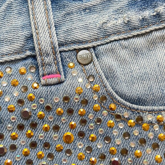 Victoria's Secret Pink Shorts 2 Blue Denim Jean Crystals Studs Distressed - Picture 4 of 9